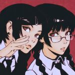  2girls black_hair braid character_request collared_shirt copyright_request dress_shirt earrings glasses hair_ornament hairclip hand_on_own_cheek hand_on_own_face ilya_kuvshinov jewelry long_hair looking_at_viewer multiple_girls necktie patterned_background portrait red_background red_eyes shirt tagme twintails 