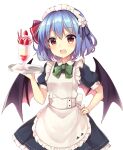  1girl :d alternate_costume apron back_bow bat_wings blue_dress blue_hair bow breasts buttons cocktail cocktail_glass commentary_request cup dress drinking_glass drinking_straw eyebrows_visible_through_hair eyelashes fang fingernails frilled_apron frilled_dress frills green_neckwear hand_on_hip highres holding holding_tray looking_at_viewer maid_apron maid_headdress medium_breasts open_mouth petticoat puffy_short_sleeves puffy_sleeves remilia_scarlet ribbon-trimmed_skirt ribbon_trim ruhika shiny shiny_hair short_hair short_sleeves smile solo standing touhou tray upper_body white_apron wings 