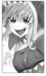  1girl a absurdres animal_hood blush commentary drawstring eyebrows_behind_hair gawr_gura greyscale highres hololive hololive_english hood hood_up monochrome niwarhythm open_mouth shadow shark_hood sharp_teeth teeth tongue virtual_youtuber 