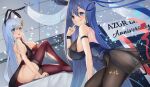 2girls animal_ears arm_strap ass azur_lane blue_eyes blue_hair bodystocking bow bowtie eyebrows_visible_through_hair fake_animal_ears hair_between_eyes iroe_yuu leotard long_hair looking_at_viewer multiple_girls new_jersey_(azur_lane) new_jersey_(exhilarating_steps!)_(azur_lane) official_alternate_costume oversized_breast_cup pantyhose playboy_bunny purple_leotard rabbit_ears red_legwear red_leotard strapless strapless_leotard thigh-highs ticonderoga_(azur_lane) ticonderoga_(show_stopper!)_(azur_lane) two-tone_legwear very_long_hair