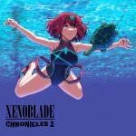  1girl adricarra bangs black_swimsuit breasts chest_jewel competition_swimsuit highres large_breasts nirvana_(band) one-piece_swimsuit parody pyra_(pro_swimmer)_(xenoblade) pyra_(xenoblade) red_eyes red_swimsuit redhead short_hair swept_bangs swimsuit two-tone_swimsuit underwater xenoblade_chronicles_(series) xenoblade_chronicles_2 