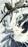  1girl animal_ear_fluff animal_ears arknights arrow_(projectile) artist_name bow_(weapon) floating_hair fox_ears fox_tail highres holding holding_bow_(weapon) holding_weapon jacket long_hair looking_at_viewer pale_skin platinum_(arknights) solo tail the_cecile upside-down weapon white_hair white_jacket yellow_eyes 