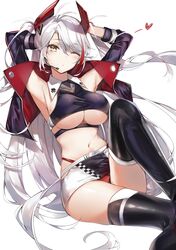  1girl antenna_hair armpits arms_up azur_lane bangs black_legwear breasts checkered coat collar cropped_shirt eyebrows_visible_through_hair hair_between_eyes headgear heart highleg highleg_panties highres iron_cross large_breasts long_hair looking_at_viewer microphone miniskirt mole mole_on_breast navel one_eye_closed panties prinz_eugen_(azur_lane) red_panties silver_hair simple_background sitting skirt solo swept_bangs thigh-highs two_side_up underwear very_long_hair white_background white_coat white_collar yellow_eyes yukineko1018 