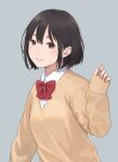  1girl black_hair bow bowtie brown_eyes grey_background hand_up highres kyak_bamboo looking_at_viewer original school_uniform short_hair simple_background smile solo sweater upper_body 