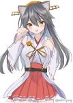  1girl animal_ear_fluff animal_ears bangs blush breasts cat_ears detached_sleeves eyebrows_visible_through_hair frills grey_hair hair_between_eyes hair_ornament hairclip haruna_(kancolle) headgear highres japanese_clothes kantai_collection long_hair looking_at_viewer nontraditional_miko one-hour_drawing_challenge orange_eyes parted_lips paw_pose ribbon-trimmed_sleeves ribbon_trim simple_background solo twitter_username white_background wide_sleeves yoshino_(mfmfpng) 