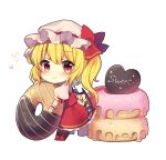  1girl bangs black_legwear blonde_hair blush bow chibi commentary_request crystal dot_nose doughnut english_text eyebrows_visible_through_hair eyelashes flandre_scarlet food frills full_body hat hat_bow hat_ribbon heart highres icing looking_at_viewer minigirl mob_cap multicolored_wings one_side_up oversized_object puffy_short_sleeves puffy_sleeves red_bow red_eyes red_footwear red_ribbon ribbon ruhika shiny shiny_hair short_hair short_sleeves side_ponytail simple_background smile solo sparkle sprinkles standing thigh-highs touhou white_background wings wrist_cuffs 