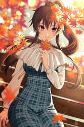  1girl alternate_costume autumn autumn_leaves bench black_hair breasts high_ponytail highres holding holding_leaf kantai_collection large_breasts leaf long_hair long_sleeves maple_leaf park_bench ponytail red_eyes scrunchie sidelocks sitting smile solo yahagi_(kancolle) yomogi_dango 