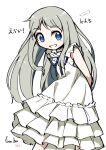  1girl :d ano_hi_mita_hana_no_namae_wo_bokutachi_wa_mada_shiranai. blue_eyes blush dress fun_bo honma_meiko long_hair looking_at_viewer ribbon silver_hair simple_background sleeveless sleeveless_dress smile solo white_background white_dress 