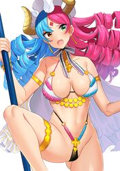  1girl akagi_kurage alexander_(eiyuu_senki) blue_hair breasts brown_eyes collarbone curly_hair earrings eiyuu_senki facial_mark forehead_mark green_eyes heterochromia highres holding holding_staff horns jewelry large_breasts long_hair multicolored_hair navel pink_hair revealing_clothes shiny shiny_skin simple_background solo staff standing standing_on_one_leg thighs two-tone_hair white_background yellow_horns 