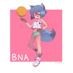  1girl :d animal_ears animal_nose artist_name ball basketball black_hair blue_eyes blue_hair body_fur brand_new_animal brown_fur copyright_name dolphin_shorts fang fingernails full_body furry furry_female hand_on_hip highres holding holding_ball kagemori_michiru looking_at_viewer midriff multicolored_eyes multicolored_hair navel open_mouth orange_peel_(artist) pink_background pink_eyes raccoon_ears raccoon_girl raccoon_tail sharp_fingernails shirt shoes short_hair shorts smile sneakers solo standing tail tank_top tanuki two-tone_background two-tone_hair white_background white_shirt 