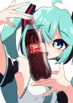  1girl absurdres ahoge aqua_nails aqua_necktie bare_shoulders black_sleeves bottle coca-cola commentary detached_sleeves hair_ornament hands_up hatsune_miku headphones highres holding holding_bottle kinosuke_(pattaba) long_hair looking_at_viewer nail_polish necktie open_mouth product_placement shirt simple_background sleeveless sleeveless_shirt smile soda_bottle solo twintails upper_body vocaloid white_background white_shirt 