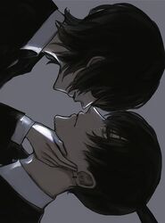  1boy 1other black_eyepatch black_hair black_necktie black_suit chainsaw_man character_request crying crying_with_eyes_open earrings eyepatch formal grey_background grey_eyes hand_on_another's_cheek hand_on_another's_face hayakawa_aki_(chainsaw_man) highres jewelry male_focus necktie noroma02 out_of_frame parted_lips ponytail simple_background solo_focus stud_earrings suit tears teeth upper_body upper_teeth 