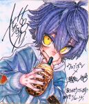  1boy blue_hair blue_jacket child commentary drinking_straw drinking_straw_in_mouth eyebrows_visible_through_hair highres jacket looking_at_viewer male_focus original scar scar_on_face setoya traditional_media virtual_youtuber yellow_eyes 