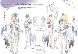  1girl absurdres asymmetrical_clothes bare_shoulders barefoot blonde_hair bloomers blue_bow blue_eyes bone_hair_ornament bow character_sheet collar concept_art flat_chest flower frilled_collar frills from_side hair_bow hair_ornament hairclip highres kagamine_rin naked_ribbon neck_stitches oyamada_gamata pigeon-toed profile ribbon ribs rose short_hair shoulder_blades skeletal_hand skirt solo spine stitched_arm thorns too_many too_many_frills too_many_ribbons torn_clothes torn_skirt underwear vocaloid white_ribbon 