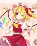  1girl ;) absurdres ascot bangs blonde_hair blush bow breasts buttons center_frills closed_mouth commentary_request crystal dot_nose doughnut eyebrows_visible_through_hair eyelashes fingernails flandre_scarlet food frilled_shirt_collar frilled_skirt frills hat hat_ribbon heart heart_of_string highres holding holding_food looking_at_viewer mob_cap multicolored_wings one_eye_closed one_side_up petticoat pink_background puffy_short_sleeves puffy_sleeves red_eyes red_ribbon red_skirt red_vest ribbon ruhika shiny shiny_hair shirt short_hair short_hair_with_long_locks short_sleeves side_ponytail simple_background skirt small_breasts smile solo sparkle standing touhou upper_body vest white_headwear white_shirt wings wrist_cuffs yellow_neckwear 