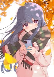  1girl absurdres autumn_leaves blue_hair blurry blurry_background blush cellphone covered_mouth depth_of_field file112056 ginkgo_leaf highres holding hood hoodie long_hair looking_at_viewer outdoors phone scarf shima_rin smartphone solo striped striped_scarf violet_eyes yurucamp 