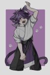  1boy animal_ears arm_up black_pants blush cropped_legs drruraguchi fengxi_(the_legend_of_luoxiaohei) hair_over_one_eye highres long_hair pants paw_print purple_background purple_hair shadow short_sleeves solo tail the_legend_of_luo_xiaohei 