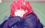  1girl bangs gkrk89 grin hair_ornament hair_scrunchie half-closed_eyes jacket kotatsu long_hair long_sleeves looking_at_viewer lying messy_hair nire_hikari on_stomach one_side_up pillow red_eyes redhead scrunchie sleeves_past_fingers sleeves_past_wrists smile solo table under_table upper_body world_trigger 