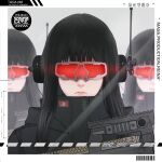 3girls absurdres artist_name bangs barcode black_hair black_jacket border closed_mouth facing_viewer gharliera1 glowing headset highres holding holding_weapon jacket long_hair multiple_girls original portrait red_goggles sign solo_focus the_girls_of_armament translation_request warning_sign weapon white_border 