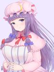  1girl blush breasts capelet commentary_request crescent crescent_hat_ornament dress fingers_together hair_ribbon hat hat_ornament large_breasts lavender_background long_hair long_sleeves looking_at_viewer mob_cap patchouli_knowledge purple_hair revision ribbon simple_background smile solo striped striped_dress touhou tress_ribbon upper_body ushinomiya violet_eyes wide_sleeves 