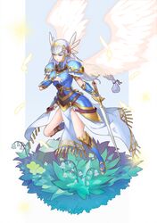  1girl absurdres armor armored_boots armored_dress blue_armor boots feathers flower gold helmet highres kamenzhui lenneth_valkyrie long_hair plant shoulder_armor silver_hair sword valkyrie valkyrie_profile weapon winged_helmet wings 