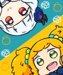  2girls :d aikatsu!_(series) aikatsu_stars! bangs blonde_hair blue_background blue_bow blue_flower blush bow closed_mouth commentary_request eyebrows_visible_through_hair flower green_eyes hair_flower hair_ornament hitomiz multiple_girls nikaidou_yuzu red_eyes shirogane_lilly smile teeth thick_eyebrows twintails two-tone_background upper_teeth yellow_background 