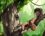  1boy bag bare_legs bare_shoulders barefoot commentary day in_tree lying male_focus on_back original outdoors plant short_hair sitting sitting_in_tree thebrushking tree vines 