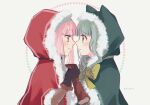  2girls face-to-face fur-trimmed_hood fur_trim futaba_sana green_eyes green_hair holding_hands hood magia_record:_mahou_shoujo_madoka_magica_gaiden mahou_shoujo_madoka_magica multiple_girls noses_touching pink_eyes pink_hair ribbon tamaki_iroha totte yuri 