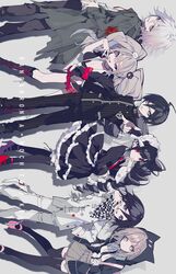  3boys 3girls ahoge black_hair black_jacket black_pants bonnet card celestia_ludenberg danganronpa:_trigger_happy_havoc danganronpa_(series) danganronpa_2:_goodbye_despair danganronpa_v3:_killing_harmony dated_commentary drill_hair enoshima_junko exif_rotation gothic_lolita highres jacket komaeda_nagito lolita_fashion long_hair md5_mismatch mochizuki_kei multiple_boys multiple_girls nanami_chiaki necktie ouma_kokichi pants playing_card red_eyes red_neckwear rotated short_hair twin_drills twintails 