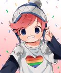 1boy beanie blue_eyes child close-up commentary gay hat heart highres lgbt_pride male_focus original queer rainbow red_eyes teeth thebrushking v