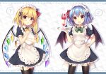  2girls ? apron bangs bat_wings black_bow black_footwear black_legwear blonde_hair blue_dress blue_hair blush bow closed_mouth cocktail cocktail_glass collar commentary_request crystal cup dress drinking_glass eyebrows_visible_through_hair flandre_scarlet flower food fruit garter_straps green_bow green_neckwear hair_between_eyes hand_on_hip hand_up hands_up hat hat_ribbon heart heart_print highres jewelry looking_at_viewer maid maid_day maid_headdress multicolored_wings multiple_girls musical_note one_side_up open_mouth puffy_short_sleeves puffy_sleeves red_eyes red_ribbon remilia_scarlet ribbon ruhika shoes short_hair short_sleeves simple_background smile spoken_musical_note spoken_question_mark standing strawberry thigh-highs touhou tray upper_body white_apron white_background white_bow white_flower wings wrist_cuffs yellow_bow yellow_neckwear 