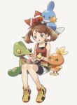  1girl berry_(pokemon) bike_shorts bike_shorts_under_shorts bow_hairband brown_hair commentary fanny_pack green_bag hairband holding invisible_chair looking_down may_(pokemon) mudkip on_head open_mouth pokemon pokemon_(creature) pokemon_(game) pokemon_on_head pokemon_oras red_hairband red_shirt shirt shoes shorts sitrus_berry sitting sleeveless sleeveless_shirt smile torchic treecko white_shorts yellow_footwear zges 