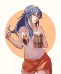  1girl absurdres alcohol alternate_costume beer beer_mug bird blue_eyes blue_hair breasts cup drink fire_emblem fire_emblem_awakening highres hooters long_hair looking_at_viewer lucina_(fire_emblem) mug open_mouth owl playing_with_own_hair pomelomelon shorts small_breasts solo tank_top tiara 