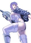  1girl assault_rifle azasuke blue_jacket breasts covered_nipples from_side ghost_in_the_shell gun holding holding_gun holding_weapon jacket kusanagi_motoko large_breasts leotard medium_hair open_clothes open_jacket parted_lips purple_hair purple_legwear red_eyes rifle shin_guards sideboob simple_background skindentation solo standing thigh-highs weapon white_background white_leotard 