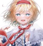  1girl adapted_costume alice_margatroid ascot blonde_hair blue_dress blue_eyes capelet dress frilled_ascot frills furawast hairband happy_birthday highres lolita_hairband long_sleeves open_mouth red_hairband red_neckwear short_hair simple_background touhou white_background white_capelet 