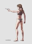  1girl aiming ass azasuke bare_arms bare_legs barefoot black_lagoon bra brown_hair clenched_hands closed_mouth contrapposto dated finger_on_trigger from_behind from_side frown full_body grey_background grey_bra grey_panties gun highres holding holding_gun holding_weapon long_hair panties ponytail profile revy_(black_lagoon) shoulder_tattoo simple_background solo sports_bra tattoo underwear weapon 