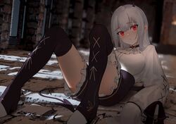  1girl choker demon_horns eyebrows_visible_through_hair frills hair_between_eyes hakase_fuyuki highres horns long_hair long_sleeves looking_at_viewer naiyo_(crude_noo) nijisanji red_eyes shorts silver_hair sitting solo thigh-highs very_long_sleeves virtual_youtuber 