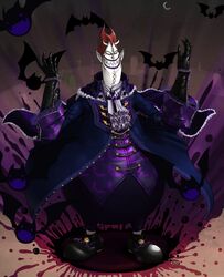 1boy ascot bat black_gloves colored_skin cross demon_boy demon_horns european_clothes evil_grin evil_smile full_body gecko_moria gloves grin highres horns male_focus one_piece purple_lips sharp_teeth shichibukai smile solo spiky_hair teeth thriller_bark white_skin yang 