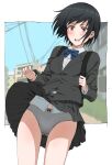  1girl absurdres backpack bag black_hair blurry blurry_background blush brown_eyes clothes_lift grey_panties highres original outdoors panties school_uniform short_hair skirt skirt_lift solo tuskryo underwear wind wind_lift 