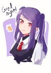  1girl absurdres alcohol bartender beer beer_mug cup english_text highres jill_stingray looking_at_viewer mug necktie purple_hair red_eyes rnna_7 solo va-11_hall-a vest white_background 