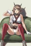  1girl animal assisted_exposure azasuke bare_shoulders bean_bag_chair breasts brown_hair brown_skirt cat gloves green_eyes holding holding_animal holding_cat kantai_collection large_breasts miniskirt mutsu_(kancolle) panties pantyshot parted_lips red_legwear short_hair sitting skirt solo spread_legs thigh-highs underwear white_gloves white_panties 