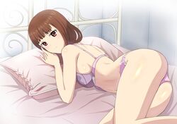  1girl absurdres ass bangs bra brown_eyes brown_hair eyebrows_visible_through_hair highres iino_miko kaguya-sama_wa_kokurasetai_~tensai-tachi_no_renai_zunousen~ long_hair lying on_bed on_side panties shiny shiny_skin solo twintails underwear user_mzkp3433 