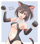  1girl :d ame-san animal_ears bangs bare_shoulders black_gloves black_swimsuit blue_background blush breasts brown_eyes brown_hair cat_ears cat_tail center_opening clenched_hands commentary dated dutch_angle earrings elbow_gloves fake_animal_ears fangs fur-trimmed_gloves fur_trim gloves hair_between_eyes hair_strand halloween_costume highres jewelry kantai_collection looking_at_viewer midriff navel outside_border red_ribbon ribbon sendai_(kancolle) short_hair sideboob small_breasts smile swimsuit tail twitter_username two_side_up under_boob v-shaped_eyebrows w_arms 
