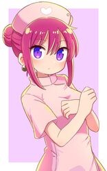  1girl bangs blush breasts closed_mouth commentary_request dohna_dohna dress earrings eyebrows_visible_through_hair hair_between_eyes hair_bun hat heart heart_print highres jewelry looking_at_viewer mob_(dohna_dohna) naga_u nurse nurse_cap pink_background pink_dress purple_hair short_sleeves sidelocks small_breasts solo two-tone_background upper_body violet_eyes white_background 