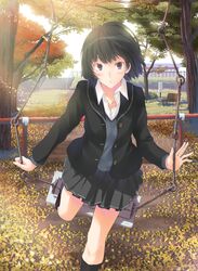  1girl :o amagami autumn_leaves bench black_hair black_jacket black_legwear blazer blush brown_eyes collared_shirt grey_skirt grey_sweater jacket kibito_high_school_uniform looking_at_viewer nanasaki_ai narumi_nanami park_bench school_uniform shirt skirt solo sweater swing_set tree white_shirt 