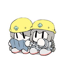  2girls blue_neckerchief blue_sailor_collar blue_skirt blueprint braid brown_hair chibi commentary_request grey_footwear helmet holding isonami_(kancolle) kantai_collection long_hair multiple_girls neckerchief no_mouth pleated_skirt sailor_collar school_uniform serafuku shirt shoes short_sleeves sidelocks simple_background skirt task_(s_task80) uniform uranami_(kancolle) white_background white_shirt yellow_headwear |_| 