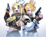  1boy 1girl :d against_fourth_wall bangs binary black_gloves blonde_hair blue_eyes blue_jacket closed_mouth finger_on_trigger fingerless_gloves gloves gun hair_ornament hairclip hand_up handgun headphones highres holding holding_gun holding_weapon honeycomb_(pattern) jacket kagamine_len kagamine_rin long_sleeves looking_at_viewer midriff neckerchief open_mouth outstretched_arm panty_straps pointing pointing_at_viewer ponytail popped_collar pressing reaching_out short_hair skull_and_crossbones skull_hair_ornament smile surusuru target touchscreen upper_body vocaloid weapon white_background yellow_gloves yellow_neckerchief 