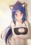  1girl absurdres animal_ear_fluff animal_ears black_bra blue_hair blush bra breast_hold breasts cat_cutout cat_ears cat_lingerie cleavage_cutout clothing_cutout collarbone embarrassed frilled_bra frills highres lingerie long_hair looking_at_viewer love_live! love_live!_sunshine!! matsuura_kanan medium_breasts meme_attire oku_1225 ponytail solo underwear underwear_only violet_eyes 