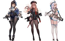  3girls ass ass_visible_through_thighs bag bangs bare_shoulders belt black_footwear black_hair black_jacket black_legwear blue_panties blue_ribbon blush breasts brown_hair character_request clothes_lift dress glasses gloves green_eyes gun hair_between_eyes hair_ornament hairclip hat high_heels holding holding_gun holding_weapon jacket large_breasts leg_belt long_hair long_sleeves looking_at_viewer looking_back multicolored_clothes multiple_girls necktie nikke_the_goddess_of_victory off_shoulder panties pantyhose parted_bangs red_eyes red_necktie ribbon shirt sideboob silver_hair simple_background skindentation skirt skirt_lift small_breasts smile standing tearlessflower thigh-highs underwear violet_eyes weapon weapon_on_back white_background white_footwear white_legwear white_shirt white_skirt 