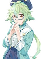  1girl :o beret blue-framed_eyewear blue_headwear blue_jacket blue_skirt collared_shirt commentary_request genshin_impact glasses green_hair hands_up hat jacket long_hair looking_at_viewer low_ponytail miri_(ago550421) multicolored_hair open_clothes open_jacket parted_lips pleated_skirt ponytail semi-rimless_eyewear shirt simple_background skirt solo steepled_fingers streaked_hair sucrose_(genshin_impact) under-rim_eyewear very_long_hair white_background white_shirt 